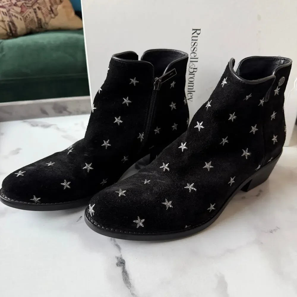 Russell & Bromley Stardom Embroidered Black Suede Western Ankle Boots